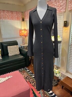 Long Sleeve Ribbed Button-Front Dress -charcoal, grey
